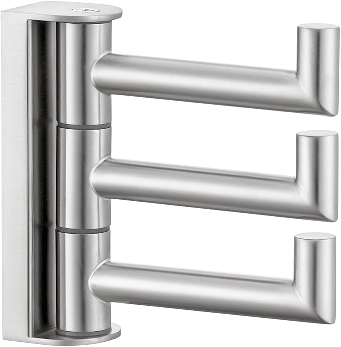 Angle Simple Swivel Towel Hook 3 Arms, Robe Coat Wall Hook, Brushed Nickel | Solid SUS304 Stainless Steel, Hand Towel Holder for Bathroom Shower Kitchen, Fold Flush to the Wall, Screws Mounted by AngleSimple