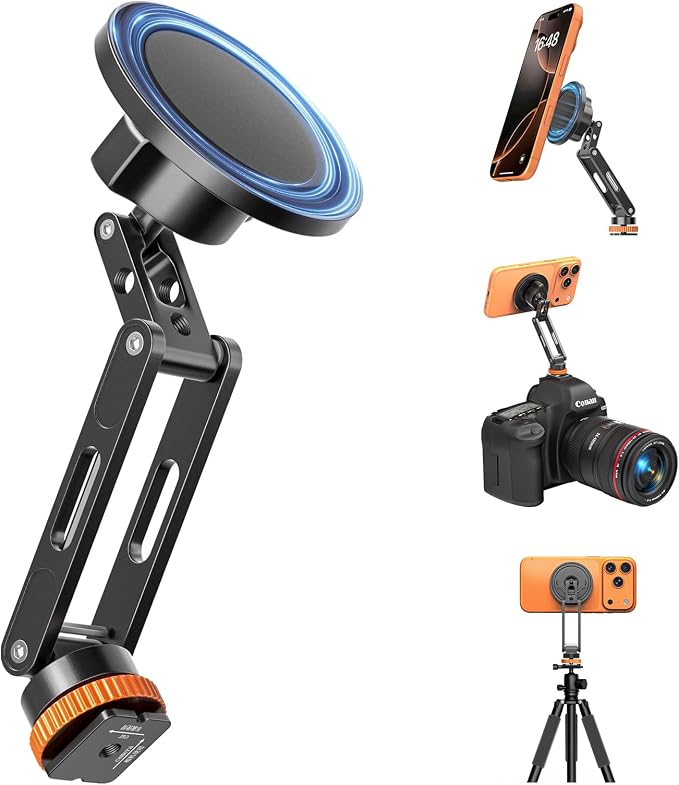 MoKo MagSafe Tripod Mount, Camera Phone Mount, 360° Adjustable | Magnetic phone tripod mount with 1/4" screw & cold shoe, compatible with MagSafe iPhones, for camera monitoring & stabilizers by MoKo