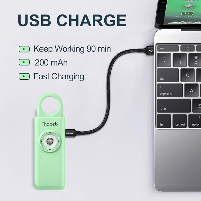 Thopeb Personal Safety Alarm for Women – Upgraded Rechargeable | Strobe with Separate Switch, 135dB Siren, Long-Lasting Protection, Stylish Keychain (Pale Green) - Image 3