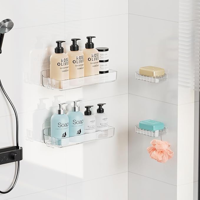 Crystal-Clear Shower Caddy with Soap Dish & Adhesive Pads, 2 Pack | Acrylic Wall Mounted Shower Shelves for Bathroom Organizers and Storage, No Drill for Bathroom Decor - Image 2
