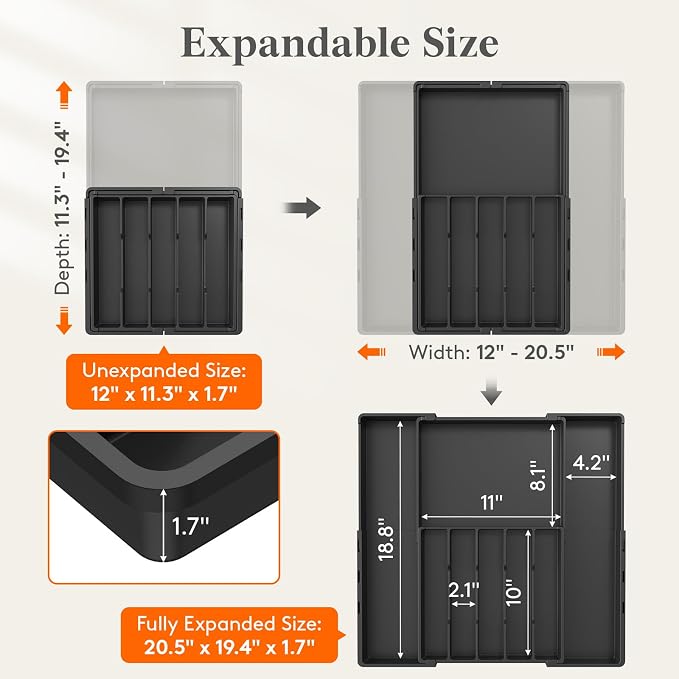 Lifewit Expandable Silverware Drawer Organizer, Utensil Tray for Kitchen | BPA Free Flatware and Cutlery Holder, Adjustable Plastic Storage for Spoons Forks Knives, 12-20.5 x 11.3-19.4 x 1.7", Black - Image 2