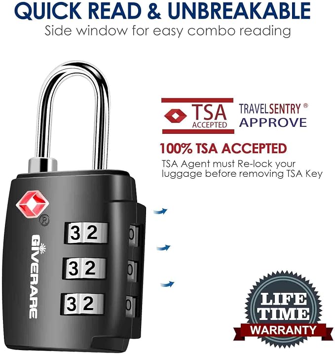 2 Pack TSA Approved Travel Luggage Locks, Combination Lock Alloy Body, Keyless 3-Digit Padlocks, Travel Sentry Accepted Compatible Padlock for Gym Locker, Golf Bag Case, Backpack, Black-by GIVERARE - Image 7