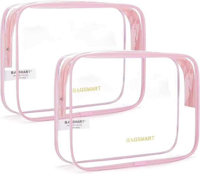 BAGSMART Clear Toiletry Bag 2-Pack TSA Approved Water-Repellent, Pink | Carry on Travel Accessories Bag, Airport Airline Quart Size Bags for Women Men, Makeup Cosmetic Bag by BAGSMART