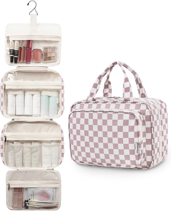 Narwey Travel Toiletry Bag for Women Large Hanging Makeup Bag Organizer Toiletries Bag for Full Size Essentials Accessories Cosmetics (Dusty Pink Checkerboard (Large)) - Image 4