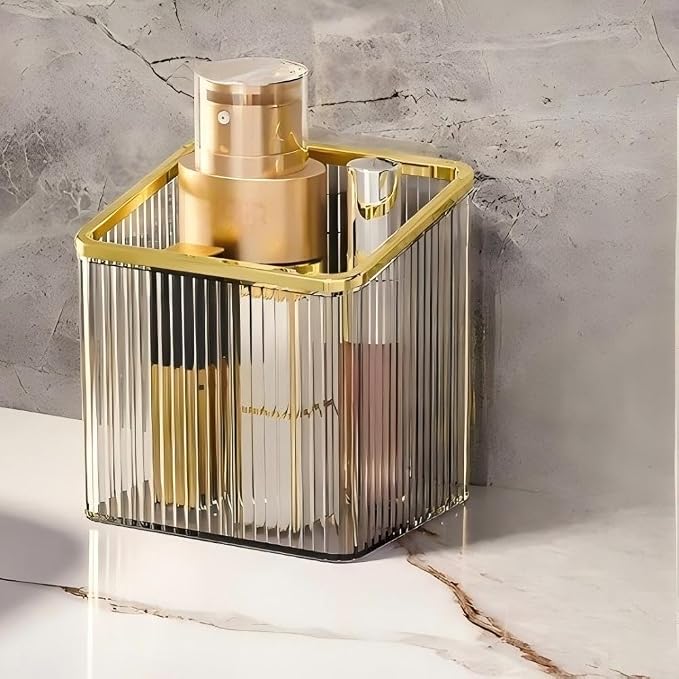 Adhesive Wall Shelves No Drill Hanging Organizer - Plastic Floating Storage Bins for Kitchen,Bathroom,Office - Makeup and Home Goods Mountable Shelf (Transparent and Gold) by Lumista