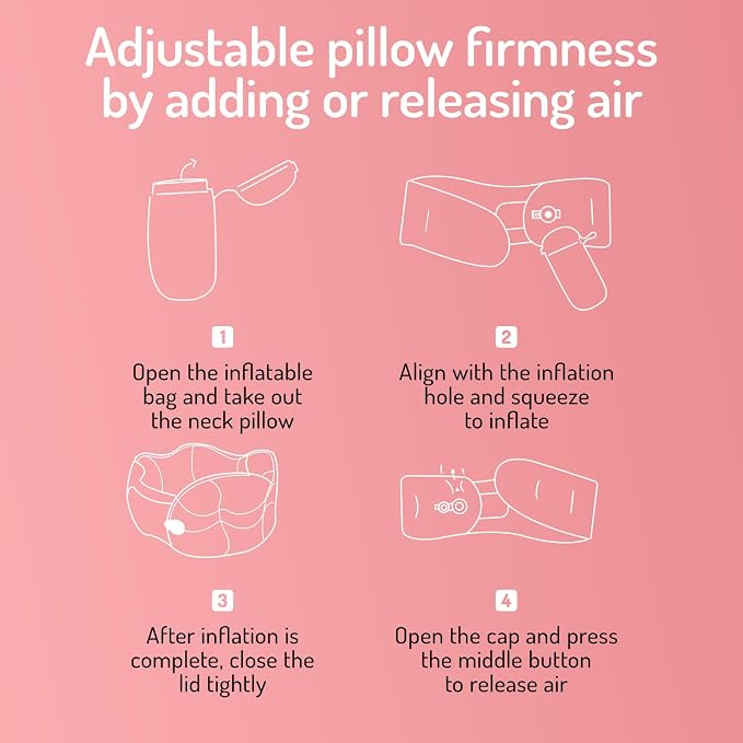 Inflatable Travel Neck Pillow, U-Shape, Dark Gray Nylon, Portable for Airplane, Train, Car, Office Use, Adult Size (Pink) - Image 8
