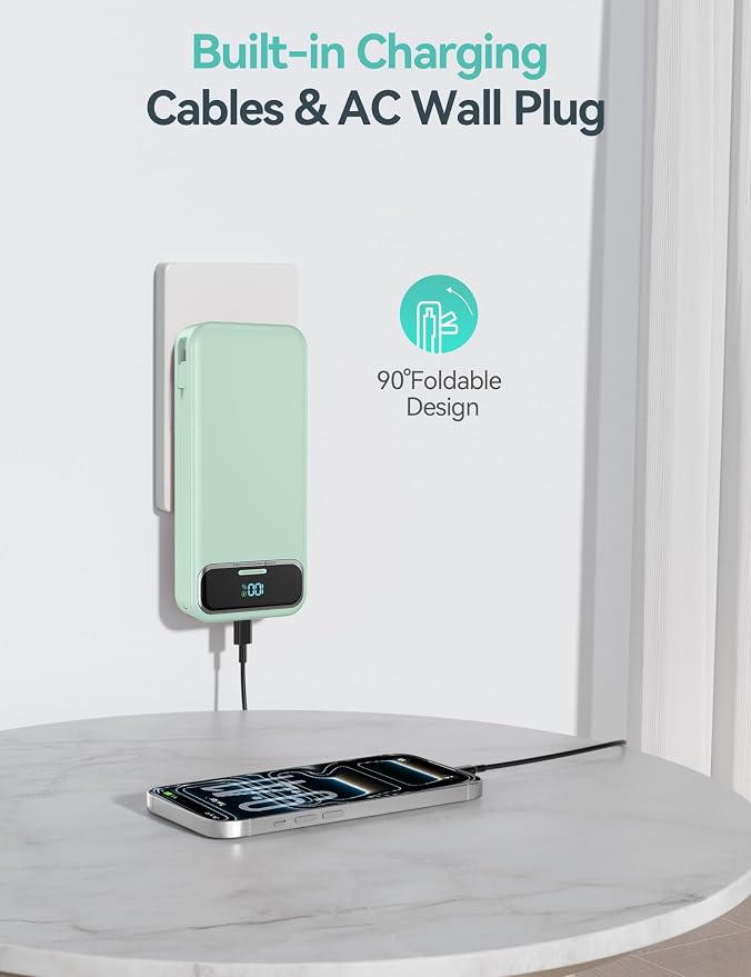 aonidi Portable Charger 20000mAh with Built-in Cables&AC Wall Plug, Green | PD20W Fast Charging,Travel Essential,TSA Approved,LED Display,All in One USB C Power Bank for All Cell Phones Devices - Image 4