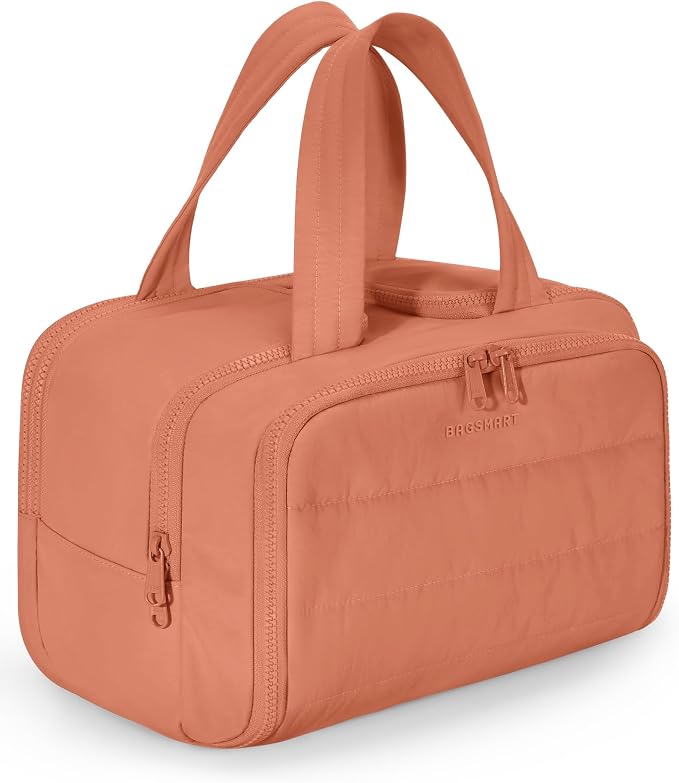 BAGSMART Travel Toiletry Bag, Crush Toiletry Bag for Women, Wide-open Puffy Toiletry Bags for Traveling, Large Travel Cosmetic Makeup Bag Organizer for Accessories,Toiletrie (Orange) by BAGSMART