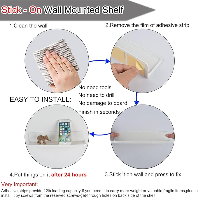 Stick On Small Wall Shelf,White Floating Shelves Wall Mounted - Adhesive Strips | Plastic Hanging Display Shelf for Bedroom,Kitchen,Living Room,Bathroom,Office (2Pcs/Set) - Image 3