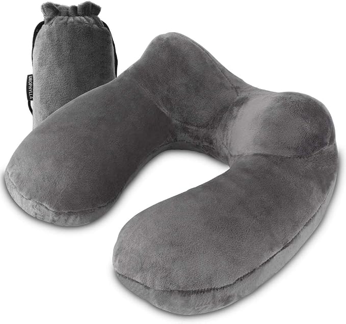 Inflatable Travel Pillow, Soft Velvet Inflatable Neck Pillow for Traveling, Airplanes, Train, Car, Office with Compact Bag, Breathable Washable Cover, Suit for Adults Sleeping - Grey by UROPHYLLA
