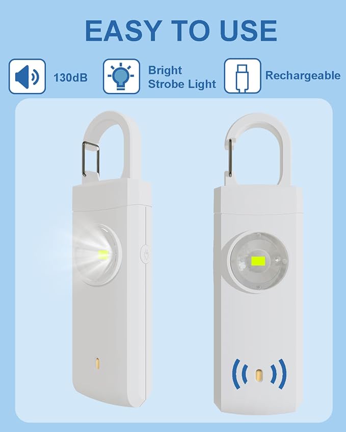 Rechargeable Personal Safety Alarm for Women, Loud Siren Birdie Sound, Strobe SOS LED Light, USB Charging, Be Safe with Personal Alarm Self Defense Keychain for Wife, Daughter, Student, White - Image 2