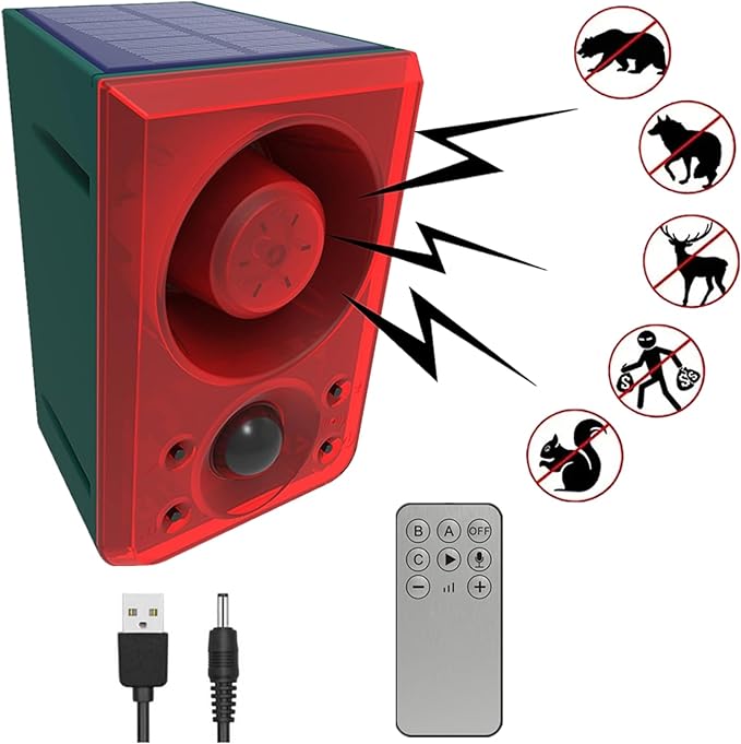 HULPPRE Solar Outdoor Motion Sensor Alarm,Dog Barking and Gunshot Sound | Support Recording,Adjust Volume,130db Loud Noise Maker,3 Work Modes Strobe Light with USB,Say Goodbye to The Intruders by HULPPRE