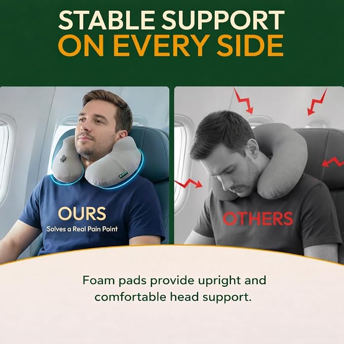 Inflatable Travel Neck Pillow with Adjustable Memory Foam Sides | Lightweight, Soft & Portable Support (Light Gray, Standard) - Image 6
