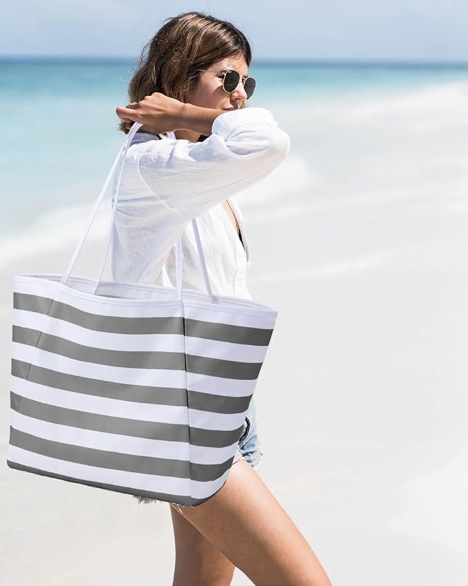 KALIDI Beach Tote Bag Women Large Waterproof Sandproof Shoulder Handbags | Foldable Grocery Bag Striped Pool Bag Lightweight Travel Purse for Picnic Travel Vacation Casual Errands Everyday Daily - Image 3