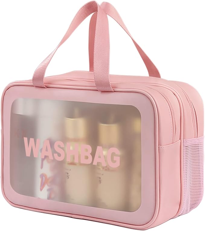 DAPOWER Travel Toiletry Bag for Women, Matte Translucent Toiletry Bag with Handy Handle, Makeup Cosmetic Organizer Bag for Travel Toiletries Accessories (Pink-XL) by DAPOWER