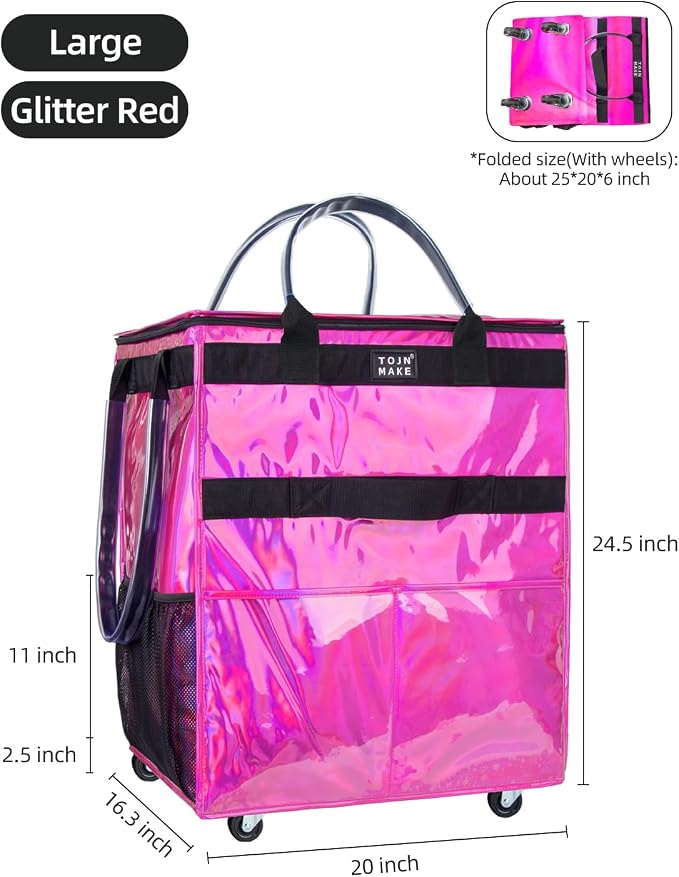 Reusable Grocery Bag with Wheels (Large, Glitter Pink), Shopping Trolley with 8 Pockets and Zipper Cover Foldable Rolling Tote for Women, Kitchen, Travel, Carries Up to 76LBS - Image 2