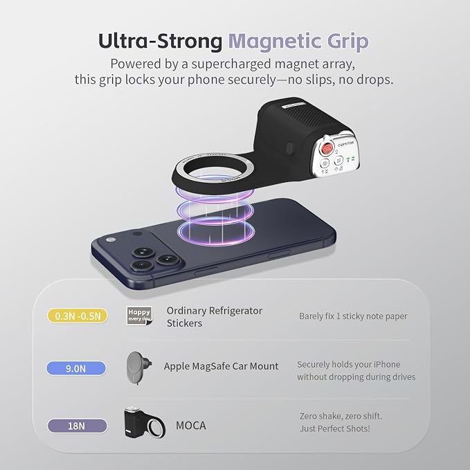 COMITOK MOCA iPhone 17 Pro Camera Grip No Need App for iOS26, Compatible iOS17 and iOS18, Fun Shot Magnetic Grip for Phone Native Camera with Anti-Drop Detachable Remote and Convenient Keychain Hook - Image 7