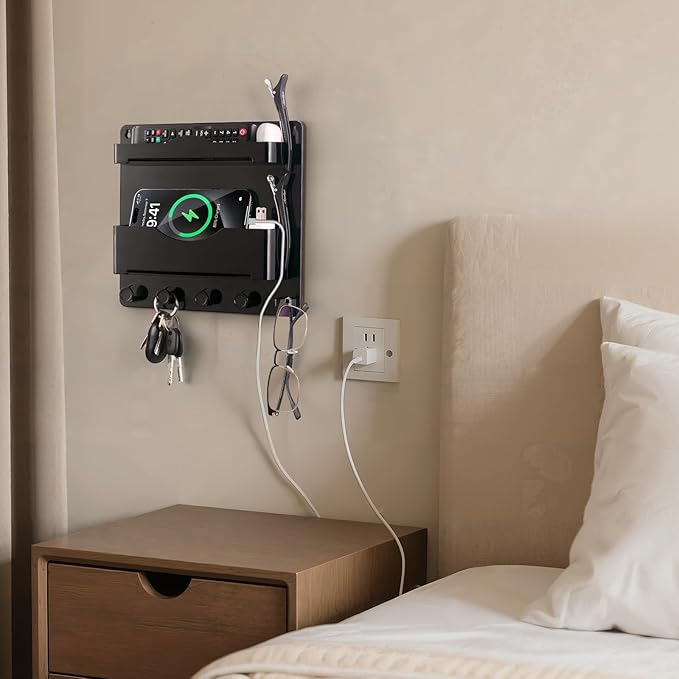 Bedside Wall Shelf with Glasses Hooks ，Adhesive Bedside Organizer Wall Mount for Dorm and Room Accessories Phone，Remote，Earphone， Kindle (Black) - Image 2