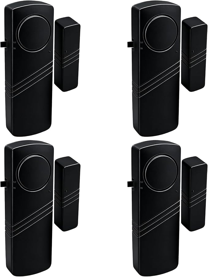Door Window Alarm - 90dB Loud Home Security Sensor for Kids Safety, Burglar Alert for House, Apartment, Office, Hotel & Pool Window, Black (4 Pack) by Unknown