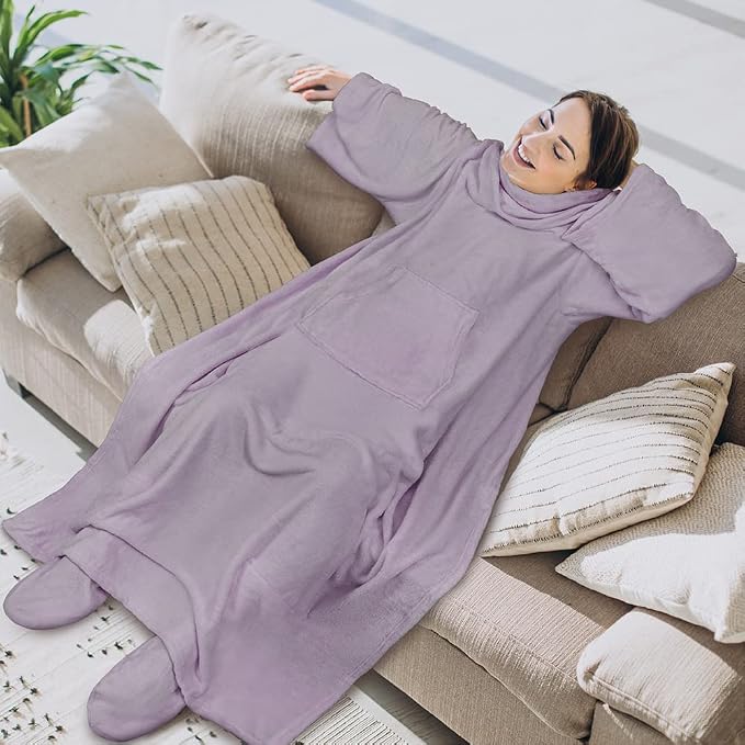 PAVILIA Fleece Blanket with Sleeves, Foot Pockets for Women Men Adults, Plush Wearable Blanket Throw Wrap, Warm Snuggle Blanket Robe, Cozy Gift Ideas for Wife Mom, Light Purple - Image 3