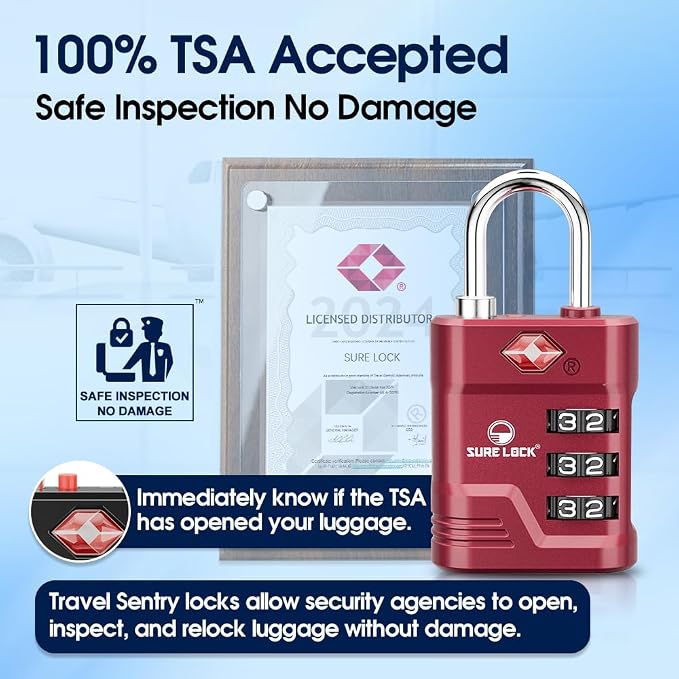 SURE LOCK TSA Approved Luggage Lock – 3-Digit Resettable Combination Padlock with Open Alert Red Dot, Large Easy-Read Dials for Suitcases, Backpacks, Gym & School Lockers(Red 2 pk) - Image 3
