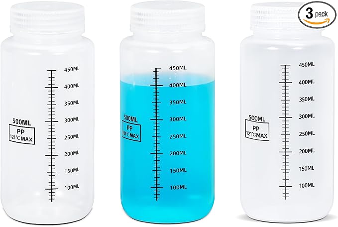 17oz/500ml Wide Mouth Plastic Bottles with Airtight Lids, Graduated Food Grade Leak Proof PP Containers Jars for Water Sample Lab Reagent Liquid Medicine Storage (Transparent, 3 Pcs) by UMETASS