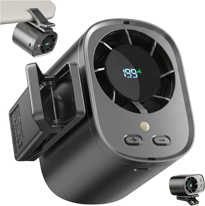 Portable Clip on Air Conditioner Fan for Car with LED Display, 360° Rotation 199 Speeds Mini Cooling Fans, USB Rechargeable 1500mAh Battery Powered Personal Fan for Car Vehicle Stroller Office Camping by Home