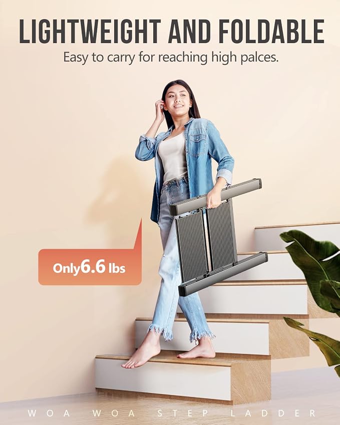 2 Step Ladder, Foldable Step Stool, 300lbs Load, Black | Folded 27''H x 2''T; Net 6.6 lbs; Rigid Aluminum Steps; No Assembly; For Home, Kitchen, Office, Pantry, Closets, Cabinets - Image 3
