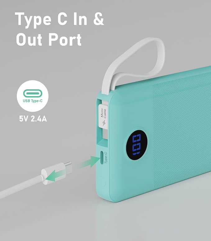 Portable Charger with Built in Cables, 10000mAh Power Bank, Battery Pack | 1 Pack, Slim, Travel Essentials, 4 Output 2 Input, for iPhone 17/16/15/14/13,Samsung, Android, etc-Green - Image 6
