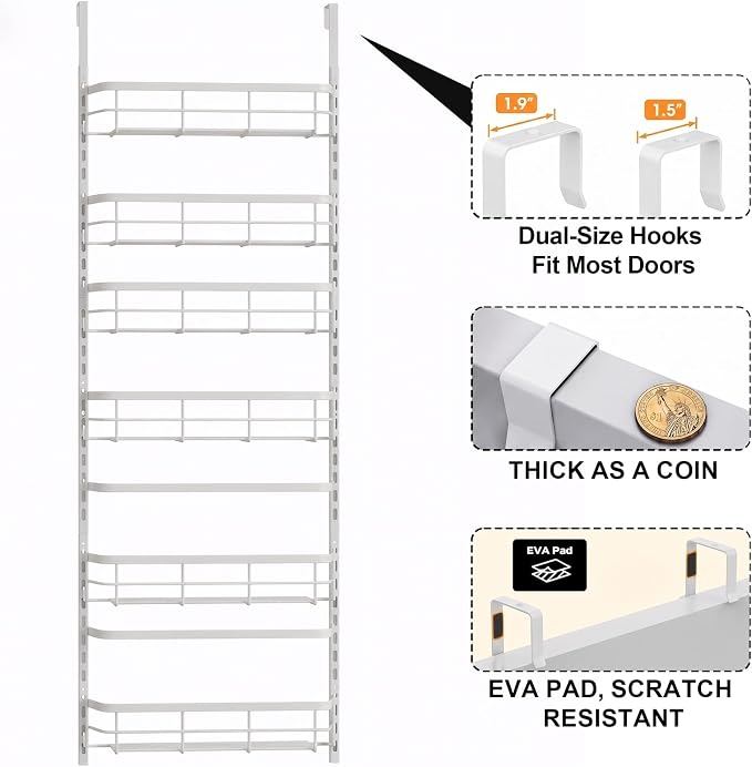 Over the Door Pantry Organizer, Adjustable 6 Tier Wide Storage Shelves with Hooks Fit Thin Doors Hold Spices Rack for Pantry Kitchen RV, White - Image 2