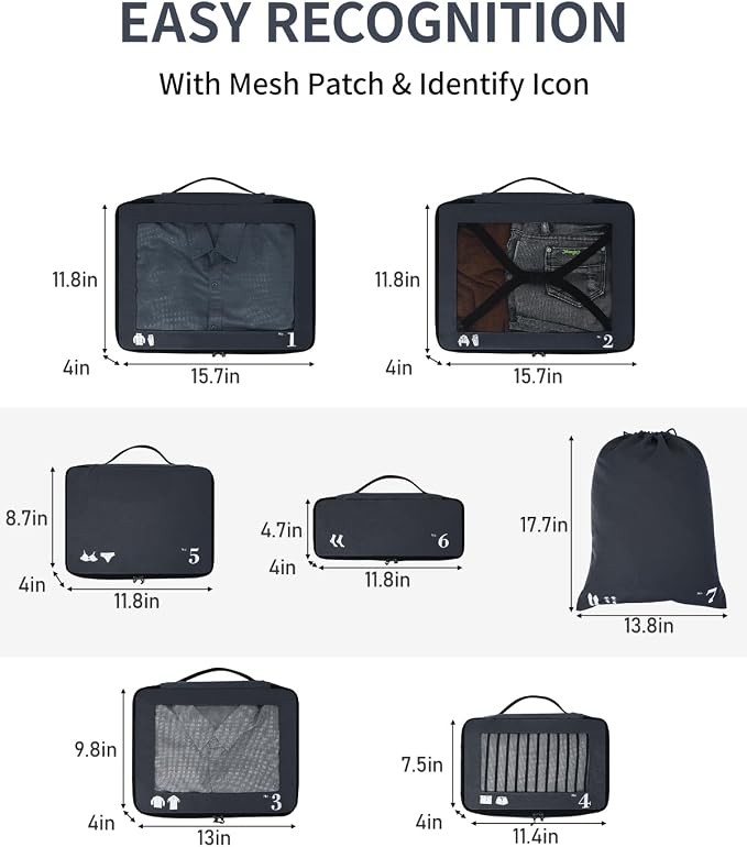ECOHUB 7 Set Packing Cubes Tear-Resistant Luggage Packing Organizers with Number Icon for Travel Accessories Luggage Suitcase Machine Washable Packing Cubes (Dark blue) - Image 6