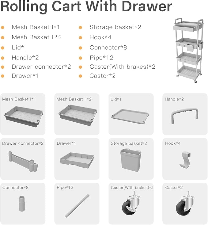 Sorgion 4 Tier Rolling Cart Organizer,Art Craft Diaper Bedside Snack Laundry Room Bathroom Organizer Narrow Thin Slim Rolling Trolley Utility Cart with Wheels for Kitchen,Office(Grey) - Image 7