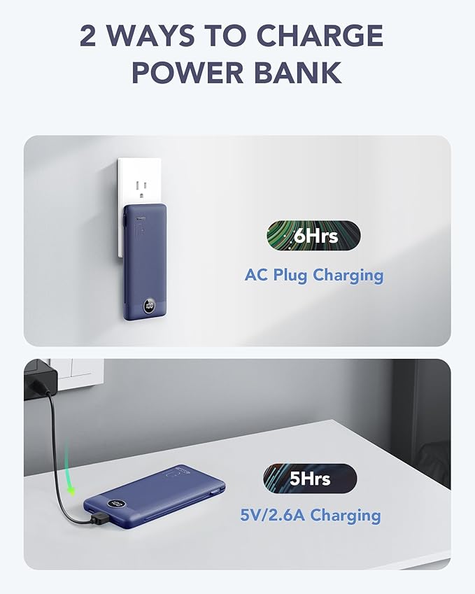 VRURC Portable Charger Built-in Cables and AC Wall Plug, USB C Power Bank 10000mAh, Travel Battery Portable Phone Charger Compact Lightweight External Battery Pack for Smart Phones, Tablets etc-Navy - Image 4