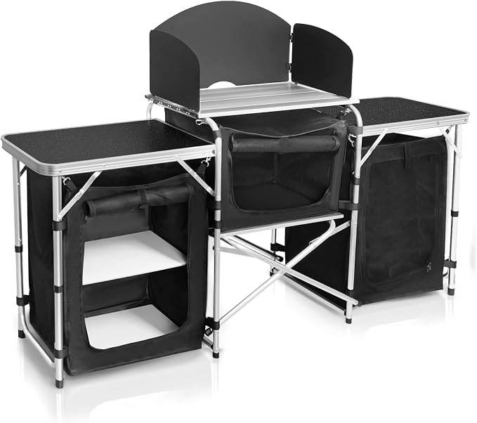 CampLand Folding Camping Kitchen Table with Windscreen,Portable Outdoor Cooking Station with Storage Cabinet & Side Tables Heavy Duty Camp Cook Station for Camping & BBQ (Black3cabinet) by CampLand