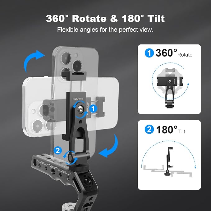 Metal Phone Tripod Mount with Cold Shoes & 1/4" Thread, 180° Tilt & 360° Rotation Tripod Phone Holder Stand for iPhone 16 Pro Max/Samsung Galaxy/All Phones/Camera/Cage/Selfie Stick (69001) - Image 2