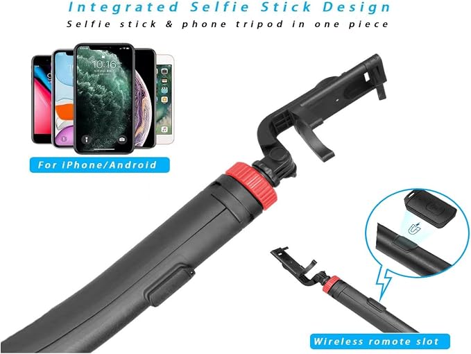 66" Tripod for iPhone & Camera, Portable Phone Tripod with Rechargeable Remote Control and Rotate Phone Stand, Selfie Stick for iPhone/Gopro and Cameras (red, 66 in) - Image 5