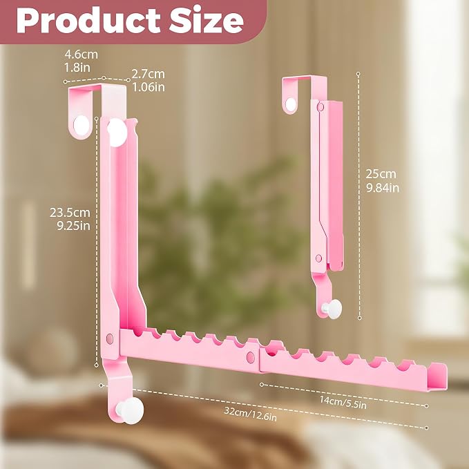 Pink Over the Door Hanger for Clothes Foldable for Space Saving | Heavy-duty for up to 1 3/4" thick door, with 11 slots for hanging clothes, perfect for laundry rooms and bedrooms to hang - Image 4