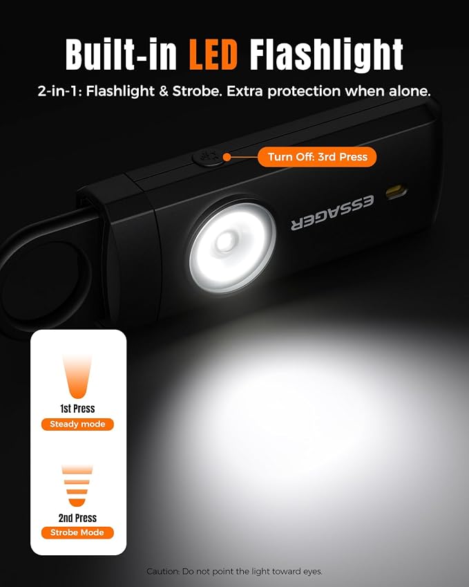 ESSAGER Personal Safety Alarm for Women, 130 dB Self Defense Siren, Rechargeable & Portable with Keychain and Carabiner, Low Battery Notice, LED Strobe Light for Kids, Seniors, College Students(Black) - Image 5