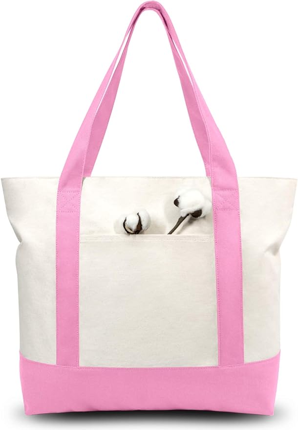 TOPDesign 3-Pack Canvas Tote Bags with an External Pocket, Reusable Grocery Shopping Bags, Top Zipper Closure, Daily Essentials (Pink/Natural) by TOPDesign