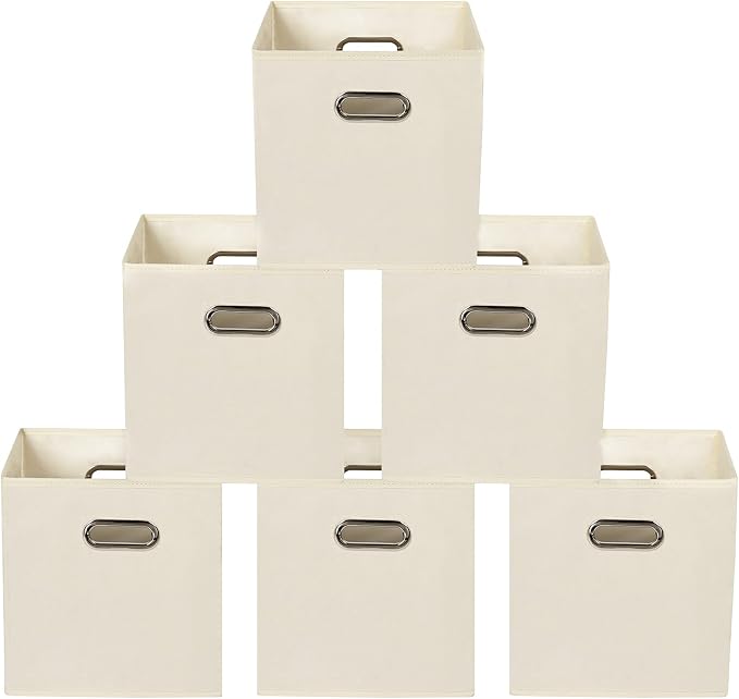 Yunkeeeper storage bins Cubes, Fabric Cube Organizer with Handle, Foldable Cube Bins for Cloth or Accessary Storage, 11x11x11, Set of 6, (Creamy White) by Yunkeeper