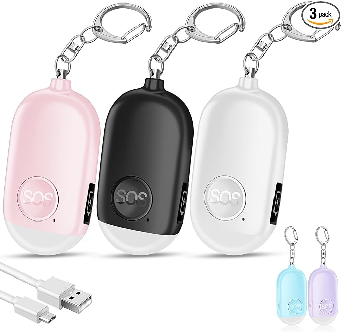 Hion Personal Safety Alarm for Women, 3 Pack Rechargeable 130dB Self Defense Keychain with LED Flashlight, Emergency Safe Sound Security Alarm for Children Elderly, White+Pink+Black by Hion
