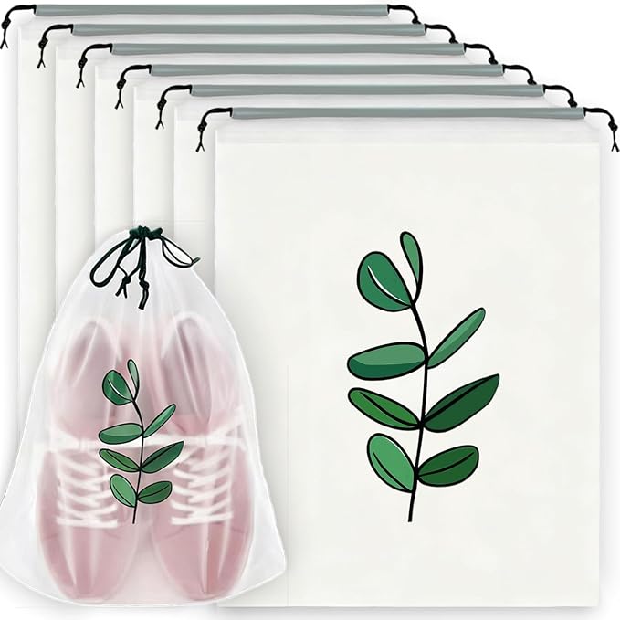 6PCS Clear Shoe Bags for Travel, Eucalyptus Leaf Pattern Travel Shoe Bags, Drawstring Shoe Travel Bags for Packing and Storage, Waterproof & Dustproof (15.7” x 11.8”) by Unknown