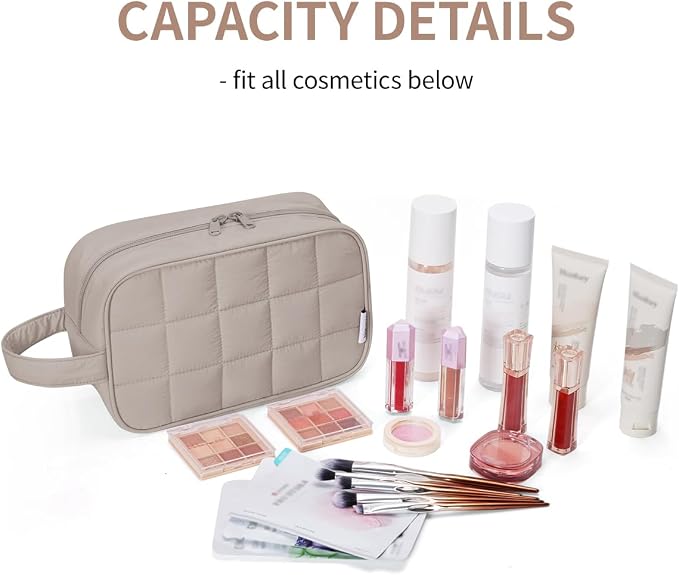 Narwey Quilted Makeup Bag Puffy Make up Bag Cosmetic Bag Organizer, Puffer Travel Toiletry Bag for Traveling Women Girl, Travel Bag for Toiletries, Skincare Medicine Bags (Khaki) - Image 3