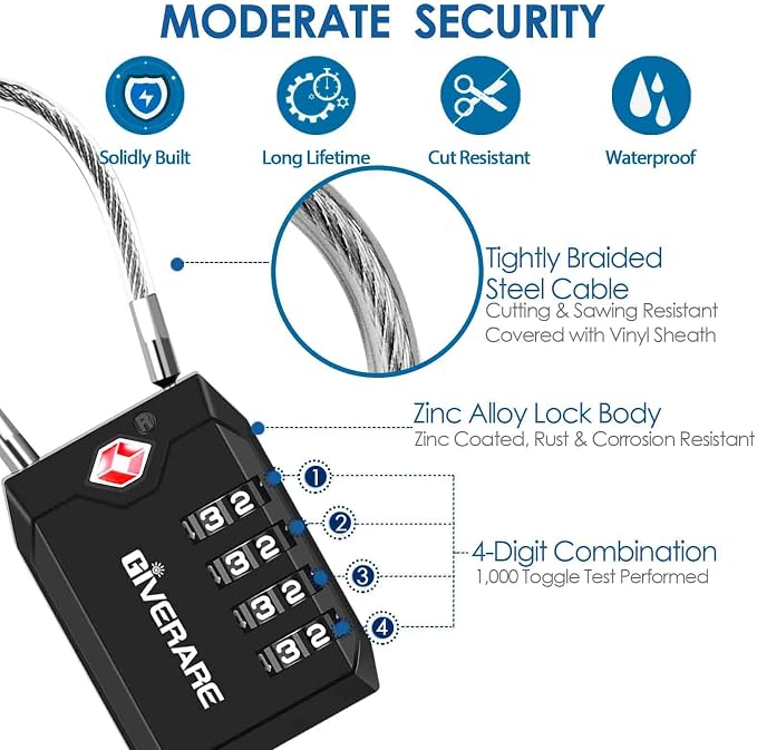 2 Pack TSA Approved Travel Luggage Locks, 4-Digit Cable Combination Suitcase Lock, Metal Alloy Padlocks, Weatherproof Padlock for Locker, Bag, Gun Case, Backpack, Anti Theft, Easy Read Dials-Black - Image 3