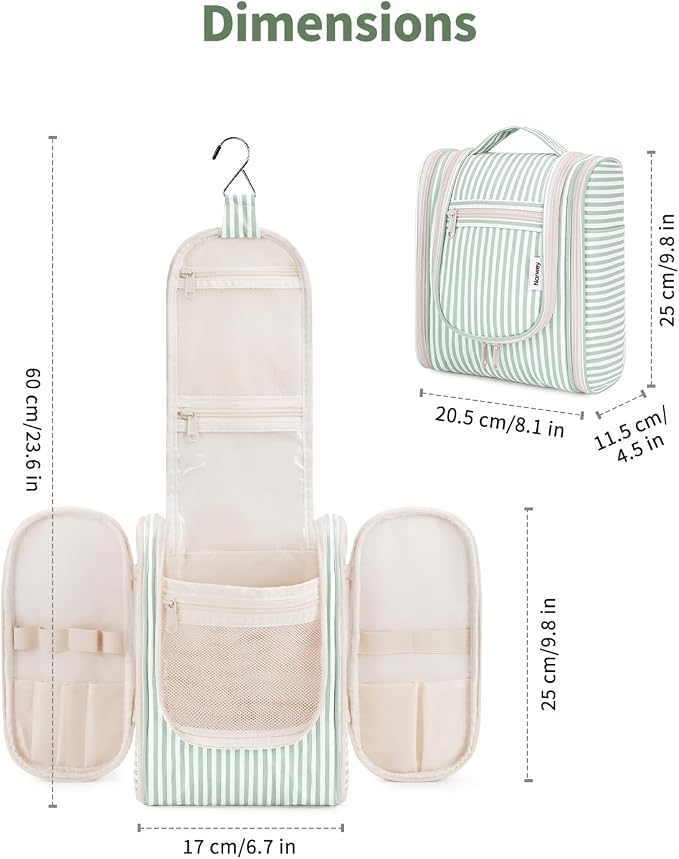 Narwey Small Striped Hanging Travel Toiletry Bag for Women, Travel Bag for Toiletries, Makeup Bag Organizer Cosmetic Bags Make Up Bags for Women (Mint Green Stripe) - Image 5