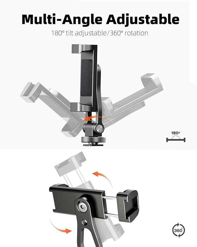 All Metal Phone Tripod Mount, 360° Rotation Tripod Phone Mount with 2 Cold Shoes, Adjustable Cell Phone Mount Adapter with 1/4" Thread, Compatible with iPhone Android Phones, Digital Camera - Image 5