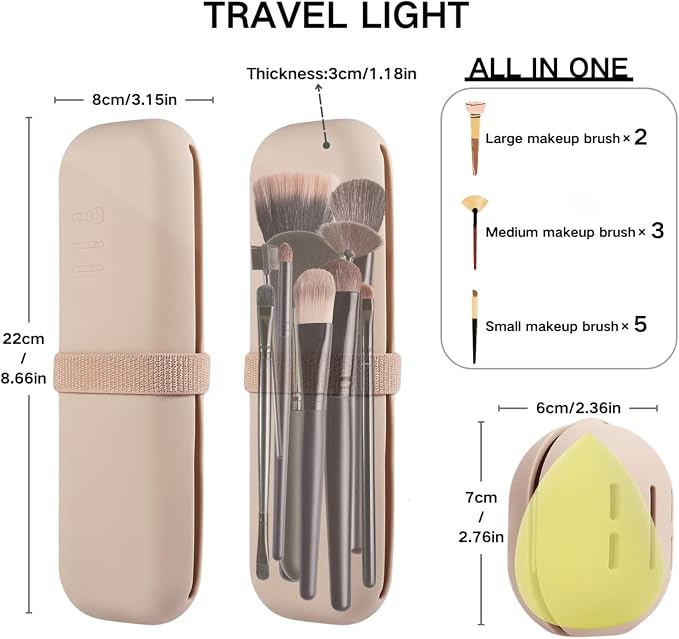 2-in-1 Silicone Makeup Brush Holder Travel Case, Khaki | Beauty Blender Pouch, Nylon Strap Closure, Odorless Waterproof, Fits 12 Full-Size Brushes - Image 5