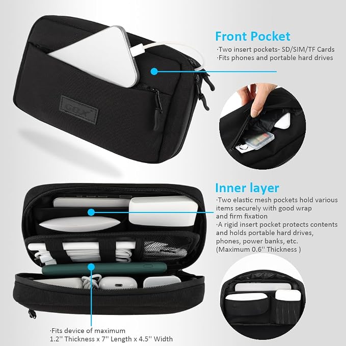 GOX Travel Cable Organizer Bag, Medium Tech Pouch for Electronics, Black | Two Zippers & Multiple Storage Pockets, Water-Repellent Oxford, All-in-One Tech Bag for Electronic & Travel Accessories - Image 5