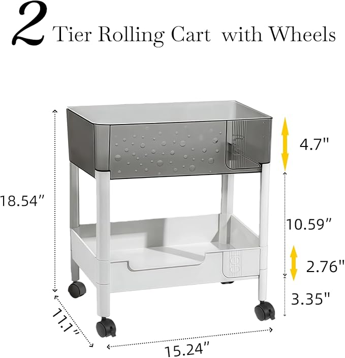 2 Tier Rolling Cart with Wheels for Under Desk Storage, Heavy Duty Plastic Short Small Utility Cart for Small Space Bathroom Vanity Makeup Organizer Pantry, 4.7'' Deep Baskets for Tall Bottles - Image 7
