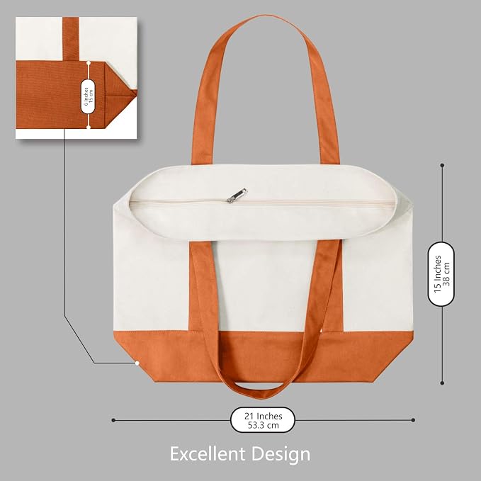 TOPDesign 6-Pack Canvas Tote Bags with an External Pocket, Reusable Grocery Shopping Bags, Top Zipper Closure, Daily Essentials (Orange/Natural) - Image 5